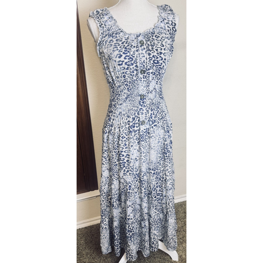 Cirana Maxi Dress milkmaid romantic Size M beachy smocked waist blue leopard